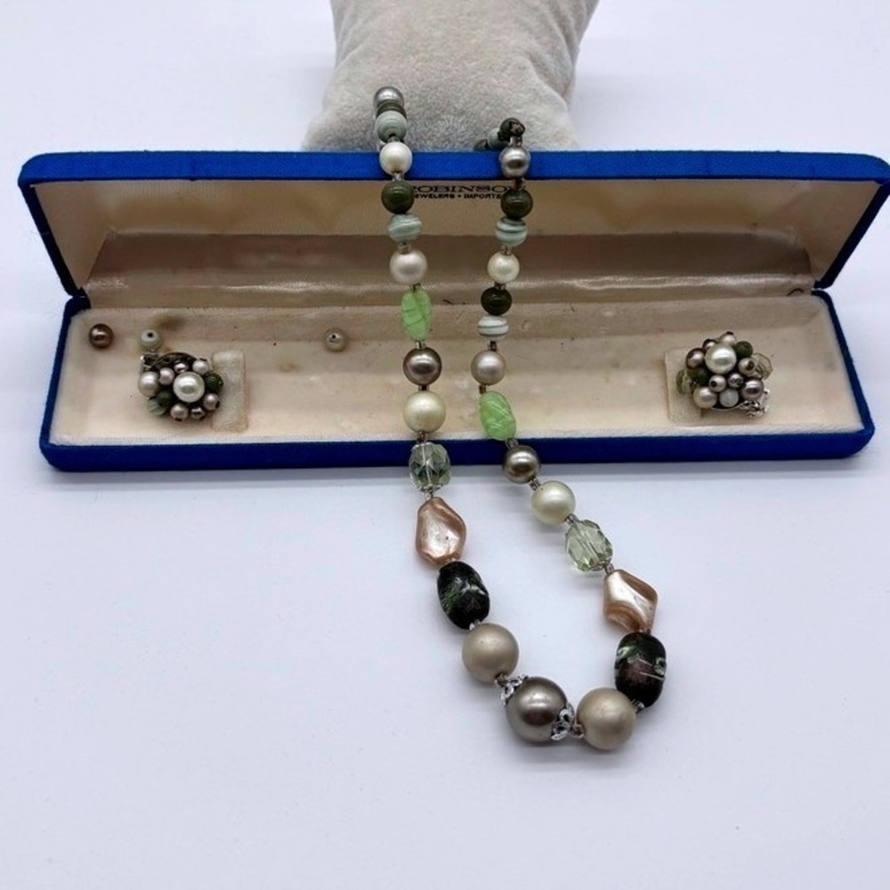Retro Vintage‎ Robinson Pearl Bead Necklace Clip On Earrings Set Jewelry